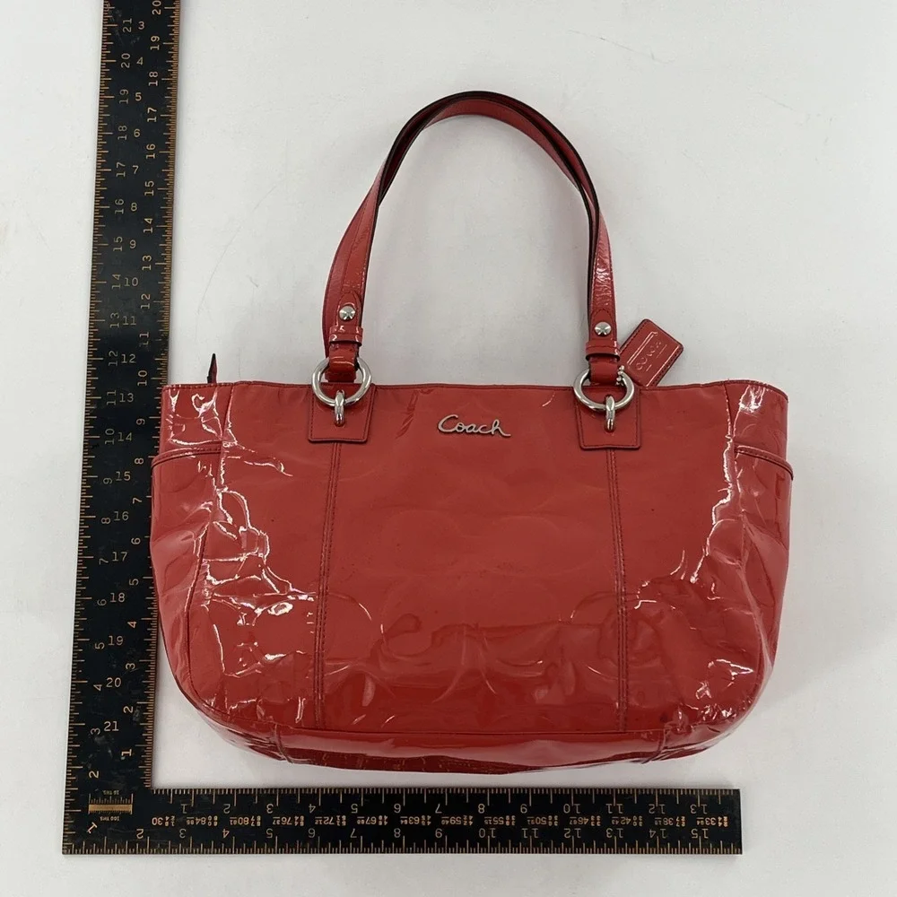 Coach Signature Embossed‎ Patent Leather Coral Orange Satchel Tote Coral Orange